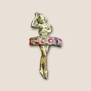Vintage Ballerina Brooch Pin Gold Tone Rhinestone Dancer Lady